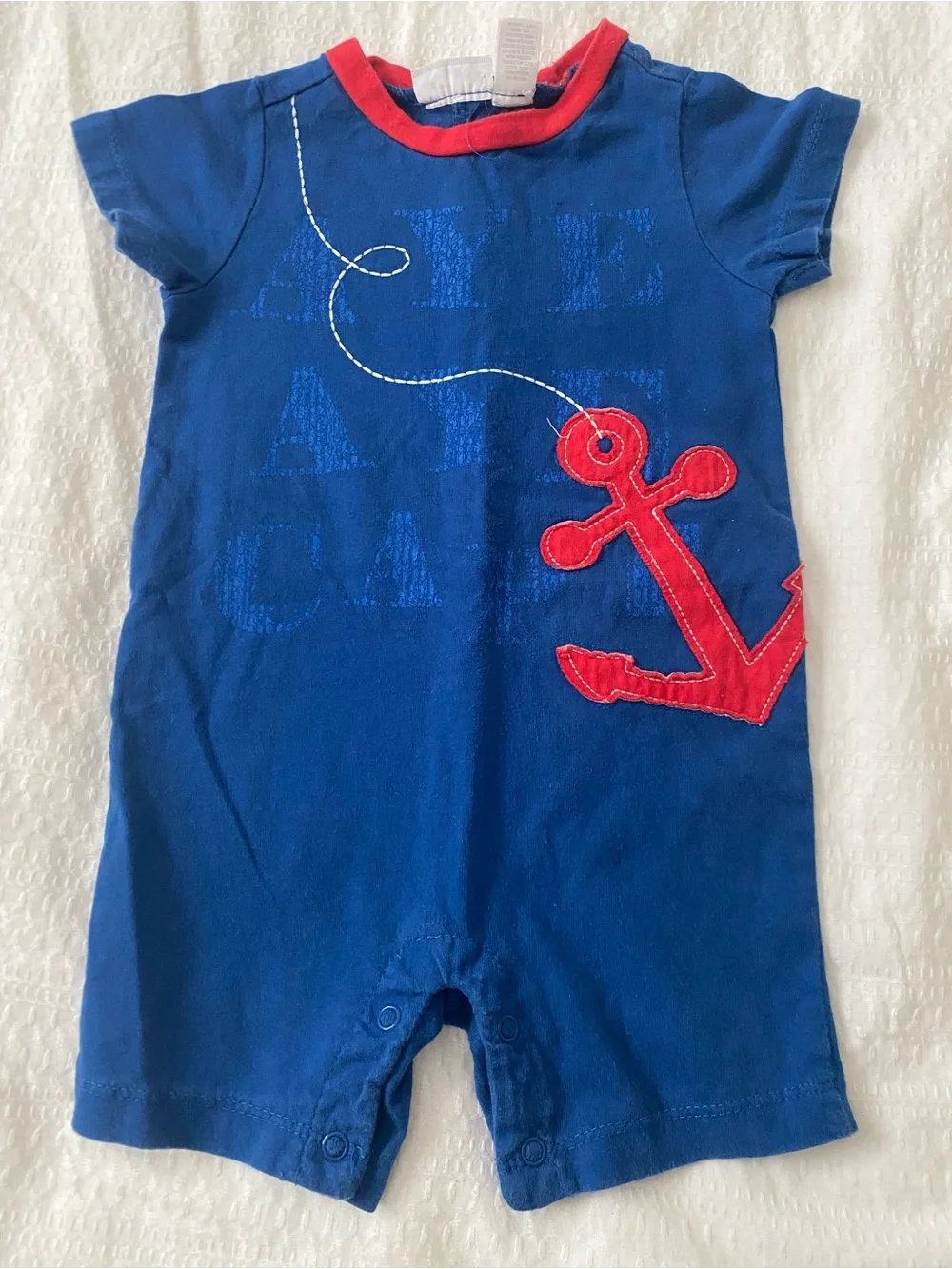 First Impressions Blue Romper with Red Anchor Detail